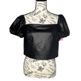 Photo of Avec Les Filles LARGE Faux Leather Puffy Sleeve Zipper Back Square Neck Crop Top