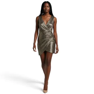 Photo of GB Sleeveless Shimmer Stripe Faux Wrap Mini Dress Metallic Pink Blue Gold Medium