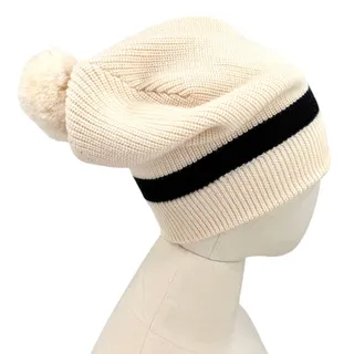 Photo of Authier Cream Black Knit Stripe Pom-Pom Winter Hat Beanie