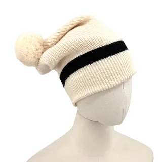 Photo of Authier Cream Black Knit Stripe Pom-Pom Winter Hat Beanie