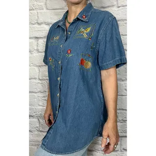 Photo of Vintage 90's Bobbie Brooks Grandma Chic Embroidered Denim Chambray Blouse