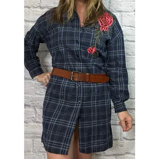 Photo of Vintage Y2K Plaid Mini Shirt Dress/Long Blouse with Rose Applique on Shoulder