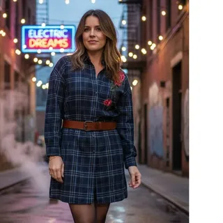 Photo of Vintage Y2K Plaid Mini Shirt Dress/Long Blouse with Rose Applique on Shoulder