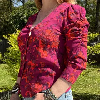 Photo of Maeve Anthropologie Vibrant Floral V-Neck Ruched Sleeve Top