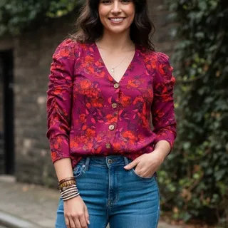 Photo of Maeve Anthropologie Vibrant Floral V-Neck Ruched Sleeve Top