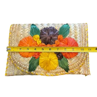 Photo of Vintage Woven Straw Raffia Envelope Clutch Tropical Floral Boho Island Purse