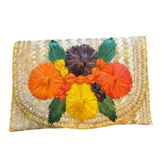 Photo of Vintage Woven Straw Raffia Envelope Clutch Tropical Floral Boho Island Purse