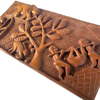 Photo of Vintage Hand Carved Wood Relief Panel Elephants Hunter African Folk Art 19"