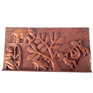 Photo of Vintage Hand Carved Wood Relief Panel Elephants Hunter African Folk Art 19"