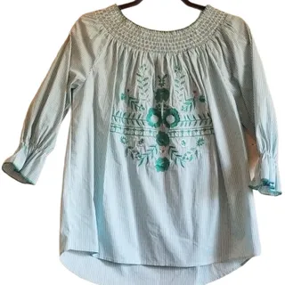 Photo of Anthropologie Grand & Greene Smocked Green Stripe Embroidery Top - S