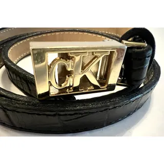 Photo of Vtg Calvin Klein CK Italian Alligator Calfskin Skinny Belt Black Gold Accents M