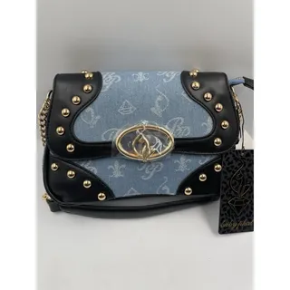 Photo of Baby Phat Denim Monogram Studded Shoulder Bag Chain Strap Black Trim Gold