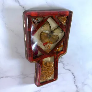 Photo of Vintage Lucite Style Butterfly Spoon Rest Dried Flowers Seeds Red 1970s