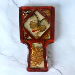 Photo of Vintage Lucite Style Butterfly Spoon Rest Dried Flowers Seeds Red 1970s