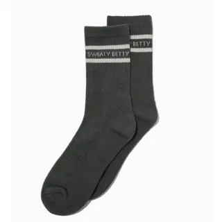 Photo of 2 Pair Sweaty Betty Varsity Slogan Crew Socks Umbra Green (Gray) Size 8-10 NWT