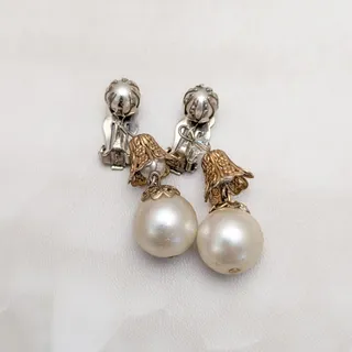 Photo of Vintage Clip On Earrings Ornate Gold Tone & Faux Pearl Dangle - Condition Issues