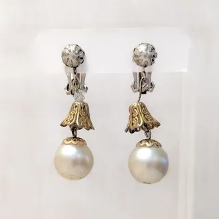 Photo of Vintage Clip On Earrings Ornate Gold Tone & Faux Pearl Dangle - Condition Issues