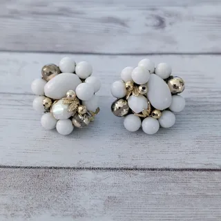 Photo of Vintage Clip On Earrings White & Gold Tone Cluster Stamped Japan