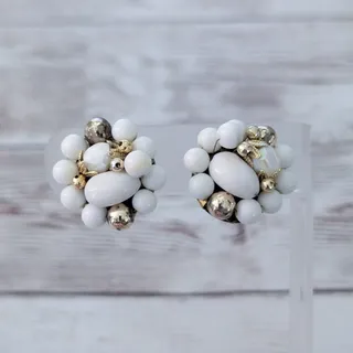 Photo of Vintage Clip On Earrings White & Gold Tone Cluster Stamped Japan