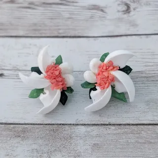 Photo of Vintage Clip On Earrings 1.5" Unusual Statement White, Green, Coral Tone