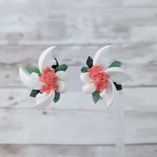 Photo of Vintage Clip On Earrings 1.5" Unusual Statement White, Green, Coral Tone