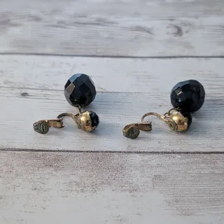 Photo of Vintage Clip On Earrings Faceted Black Ball Duo Dangle