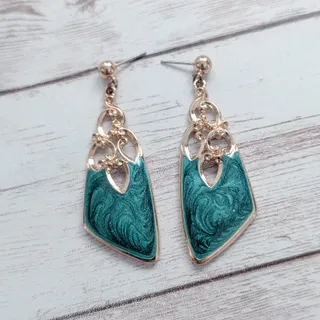 Photo of Vintage Stud Earrings Statement Ornate Green & Gold Tone Dangle
