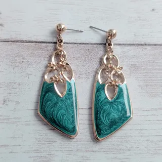 Photo of Vintage Stud Earrings Statement Ornate Green & Gold Tone Dangle