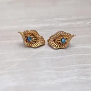 Photo of Vintage Clip On Earrings Art Deco Design Gold Tone Folded Leaf with Gem