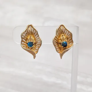 Photo of Vintage Clip On Earrings Art Deco Design Gold Tone Folded Leaf with Gem