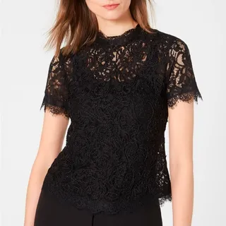 Photo of Anne Klein Black Lace Scalloped Trim Back Zip Short Sleeve Top, Women's M NWOT