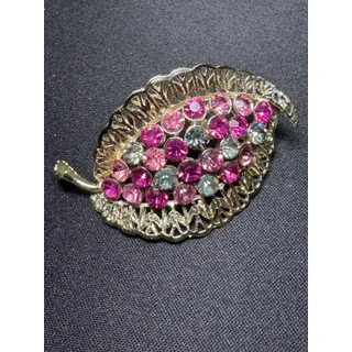Photo of 1950's Pink Shades Rhinestones Prong Set Leaf Brooch