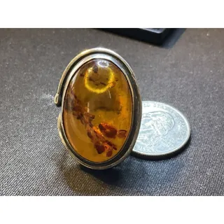 Photo of Size 8 Tested 925 Silver Ring With Large Amber Stone