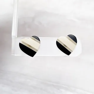 Photo of Vintage Stud Earrings Cream and Black Heart Shape - Valentines Love Theme