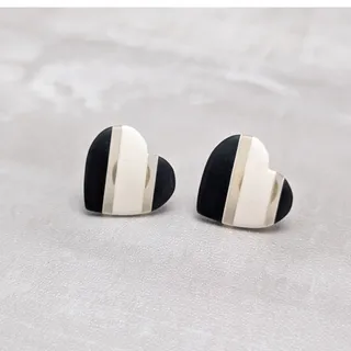 Photo of Vintage Stud Earrings Cream and Black Heart Shape - Valentines Love Theme