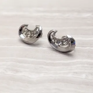 Photo of Vintage Screw Back Earrings Stylish Silver Tone & Clear Gem Crescent Moon Shape