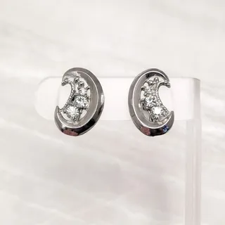 Photo of Vintage Screw Back Earrings Stylish Silver Tone & Clear Gem Crescent Moon Shape