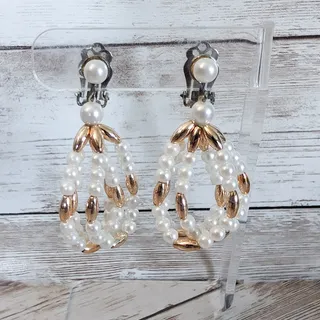 Photo of Vintage Clip On Earrings - Faux Pearl & Gold Tone Beaded Dangle