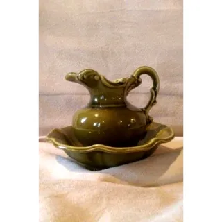 Photo of Vintage McCoy USA Ceramic Pitcher Bowl Basin - Moss Avocado Green