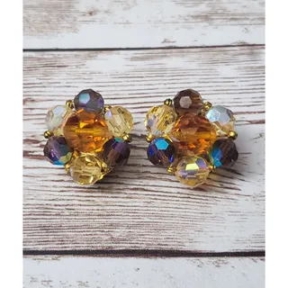 Photo of Vintage Clip On Earrings Amber Tone & Dark Iridescent Cluster