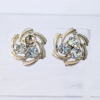 Photo of Vintage Clip On Earrings Statement 1" Gold Tone & Clear Gem - Missing Gem
