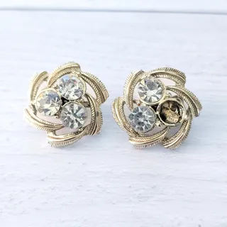 Photo of Vintage Clip On Earrings Statement 1" Gold Tone & Clear Gem - Missing Gem