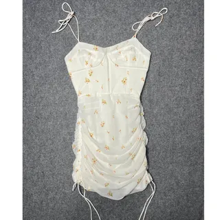 Photo of Sabo Skirt White Floral Ruched Drawstring Cinch Corset Mini Dress Sleeveless XS