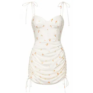 Photo of Sabo Skirt White Floral Ruched Drawstring Cinch Corset Mini Dress Sleeveless XS