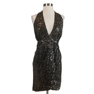 Photo of AQUA Black Cocktail Dress Sequined Cut Out Back V-Neck Mini Sheath Size Large