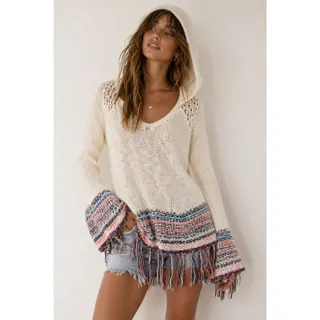 Photo of Paper Crane Hooded Fringe Sweater Small Boho Festival Coastal