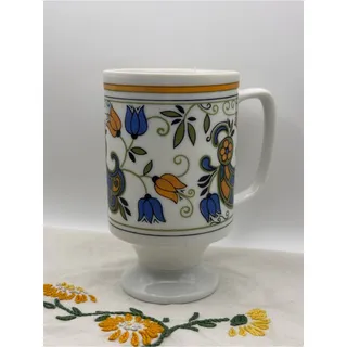 Photo of Vintage 1970s Pedestal Mug with Floral Design, Blue and Orange Coffee Cup