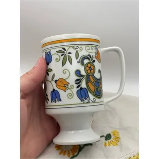 Photo of Vintage 1970s Pedestal Mug with Floral Design, Blue and Orange Coffee Cup