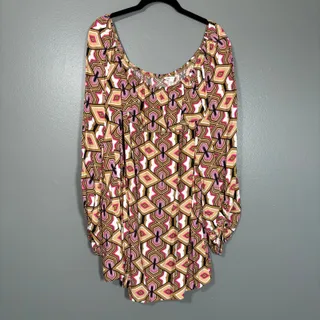 Photo of Cato Peasant Blouse Tan & Pink Geometric Boho Top - Women's Plus Size 26/28W