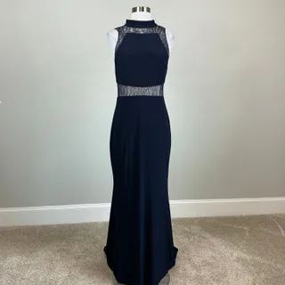 Photo of Betsy & Adam Blue Evening Gown Lace and Crepe Mock Neck Column Dress Size 10